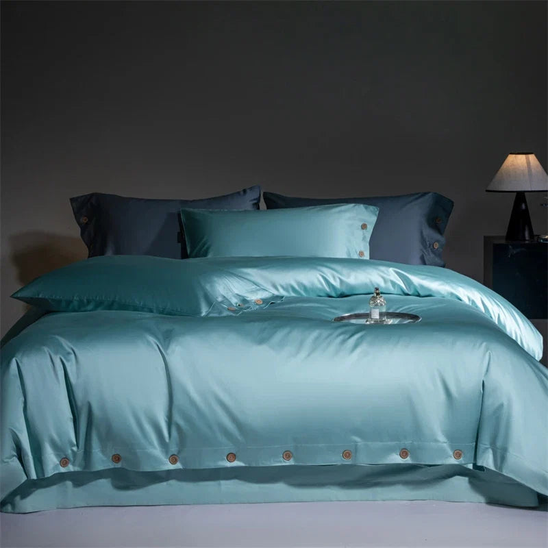 800TC Lyocell Cotton Bedding Set, Luxury Silky Soft Duvet Cover with Button Closure, Flat/Fitted Bed Sheet Pillowcases 4Pcs