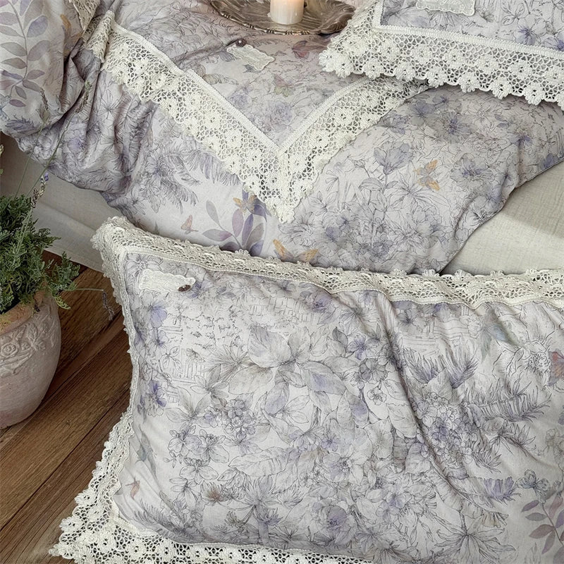 Natural Cotton Linen Butterfly Flowers Prints Lace Bedding Set