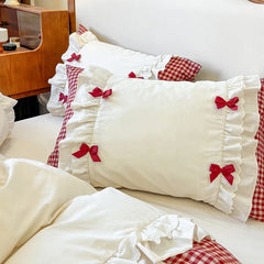 100% Cotton Korean Princess Style Bow Plaid Lace Ruffles Patchwork Bedding Set