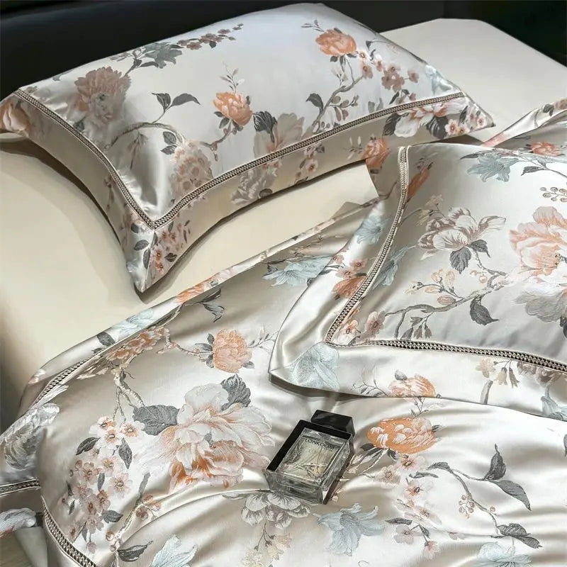1000TC Egyptian Cotton Blooming Flower Satin Silky Brocade Jacquard Luxury Bedding Set