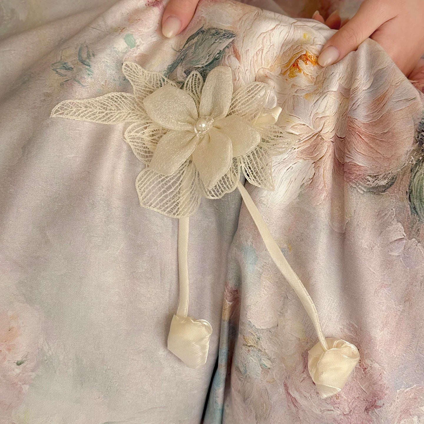 Vintage French Oil Painting Style Floral Print Chiffon Lace Bedding Set