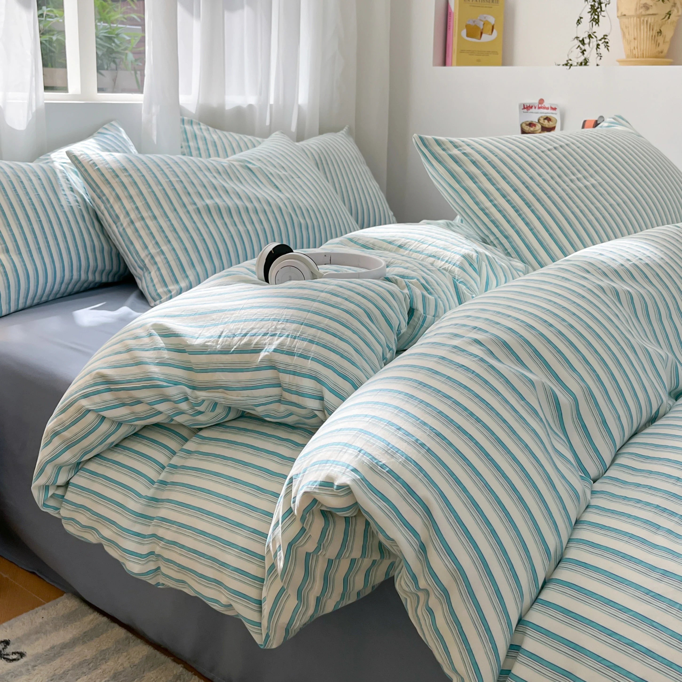 3/4 Pcs Blue Checkered Bedding Set