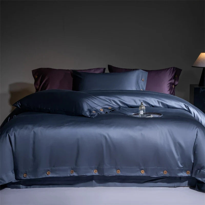 800TC Lyocell Cotton Bedding Set, Luxury Silky Soft Duvet Cover with Button Closure, Flat/Fitted Bed Sheet Pillowcases 4Pcs