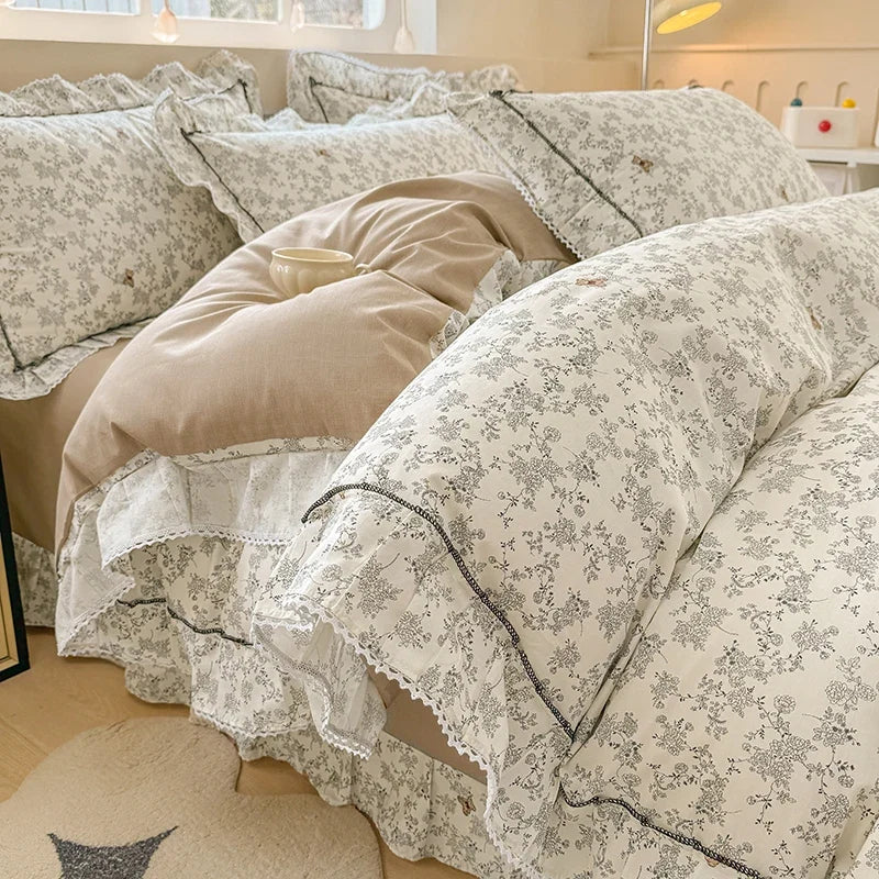 Korean Princess Style Rose Floral Ruffle Bedding Set