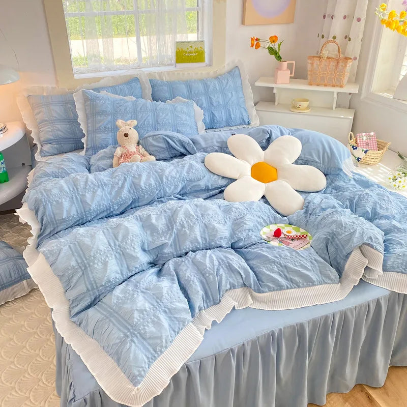 Korean Seersucker Duvet Cover Set with Pillowcases Flat Sheet Adults Kids Twin Full Queen Size Bedding Set