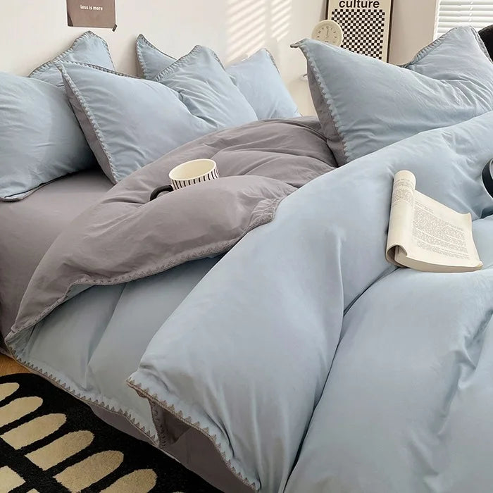 3 Pcs Simple Solid Color Quilt Cover Set with Pillowcases Stitching Design King Queen Size Bedding Set