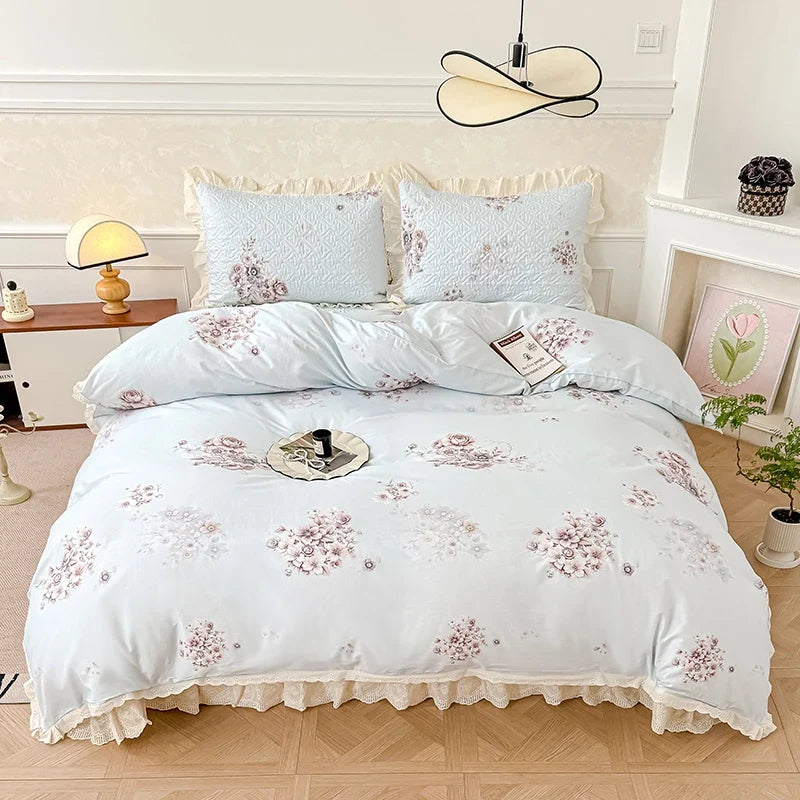 Korean Princess Style Floral Print Lace Ruffles Bedding Set