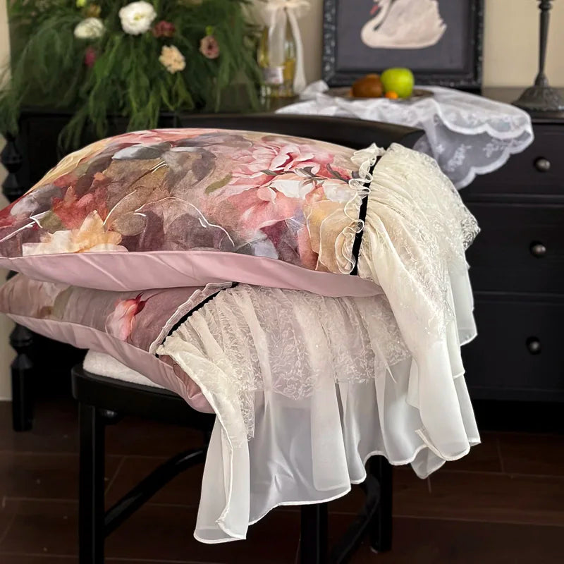600TC Egyptian Cotton Thickened Brushed Rose Print Lace Ruffles Bedding Set