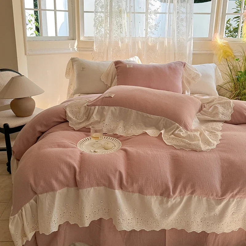 Vintage French Lace Ruffles 100% Cotton Double Yarn Soft Comfortable Bedding Set