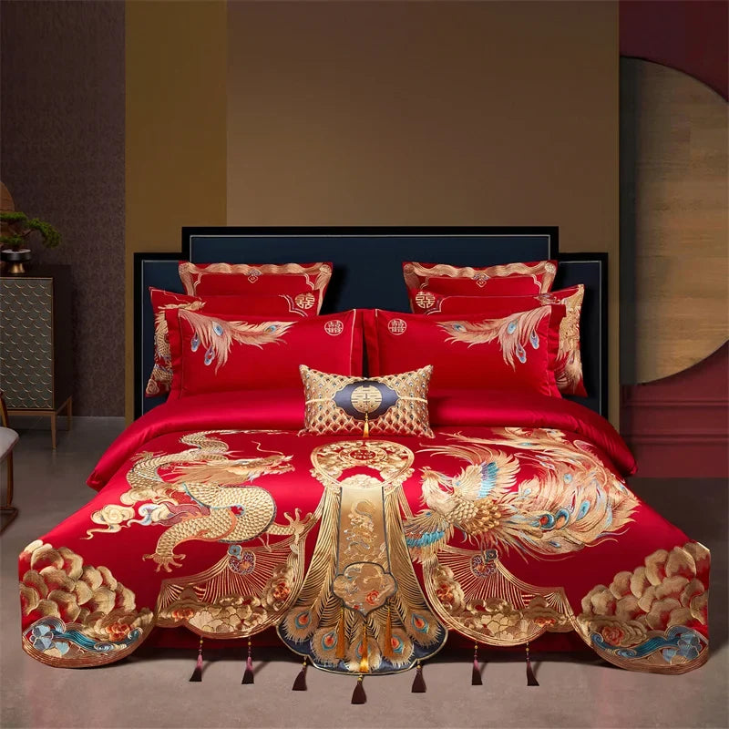 Luxury Gold Dragon Phoenix Embroidery Chinese Style Wedding Bedding Set