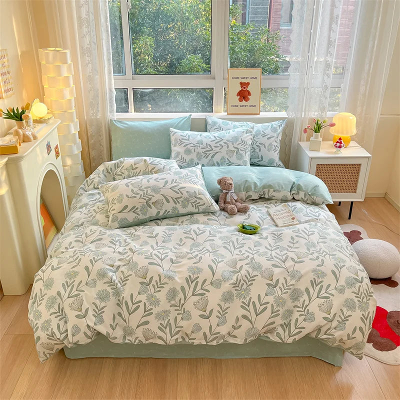 Spring 100% Cotton Duvet Cover Set Fashion Floral Printed Queen Bedding Set