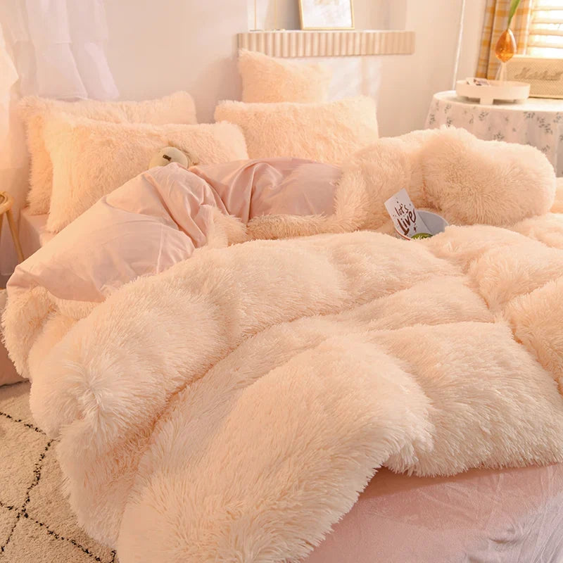 Solid Color Fluffy Long Plush Winter Bedding Set