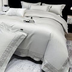 600TC Egyptian Cotton Bedding Set, Luxury Embroidery Duvet Cover with Pillowcases, Flat/Fitted Bed Sheet for Home Hotel, 4Pcs