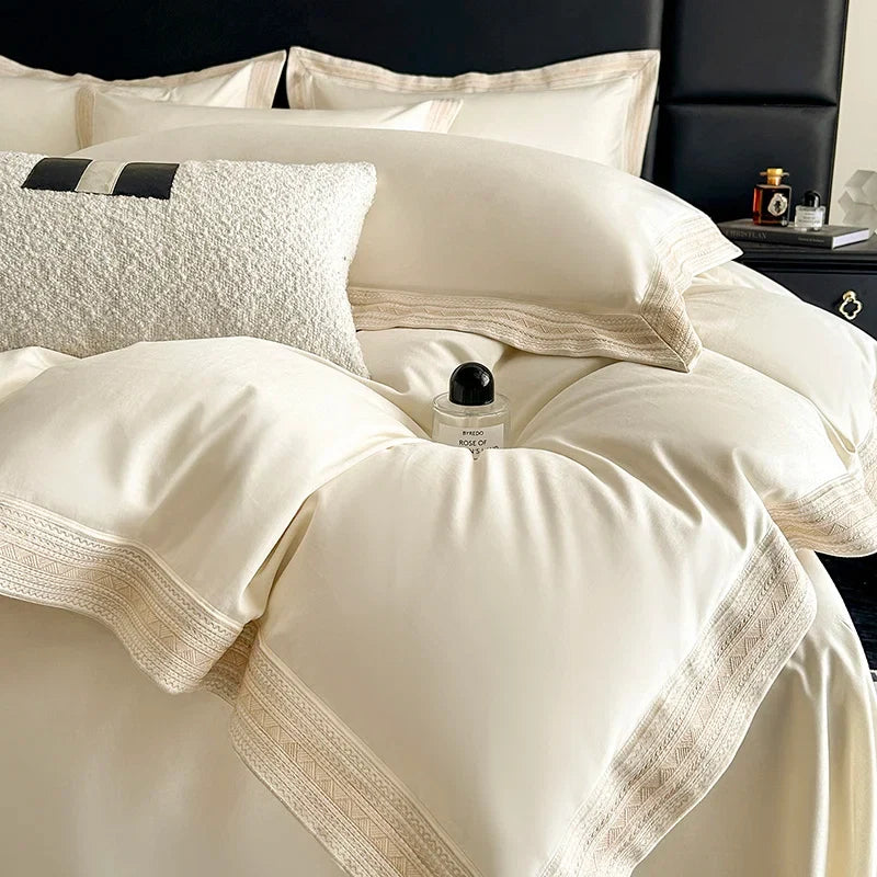 600TC Egyptian Cotton Embroidery Wide Edge Luxury Solid Color Bedding Set