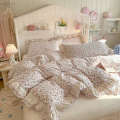 100% Cotton Double Layer Lace Ruffle Floral Bedding Set