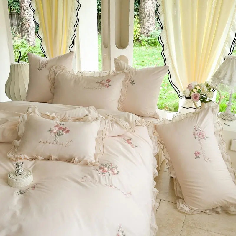 Rose Flowers Embroidery Lace Ruffles Princess Bedding Set