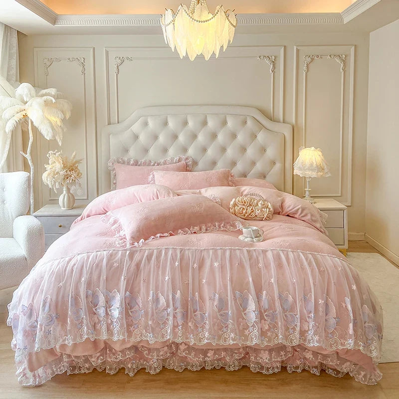 Butterfly Embroidery Lace Ruffles Carved Velvet Winter Thickened Bedding Set
