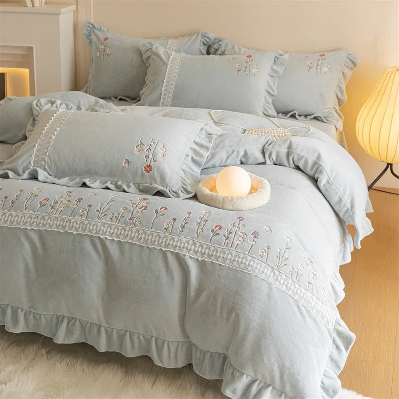 Pink Flowers Embroidery Lace Ruffles Velvet Luxury Bedding Set