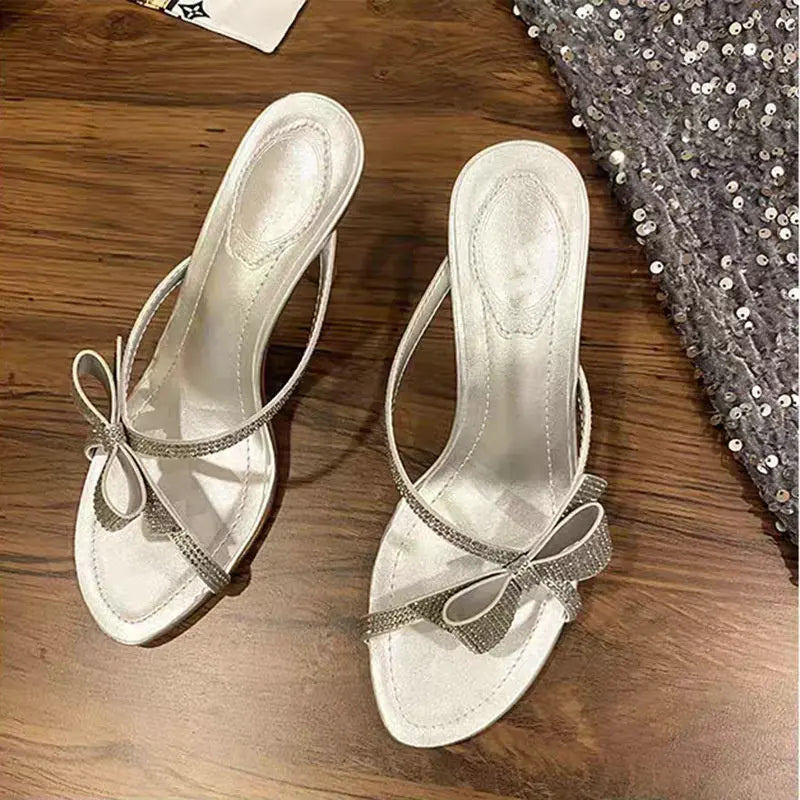 Rhinestone Bow Cross Strap Slipper Open Toe Sandal Women Wear Stiletto Heels