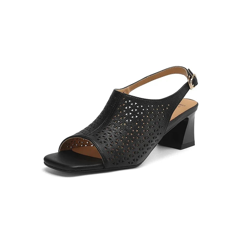 cowhide hollow out breathable open toe thick Heel