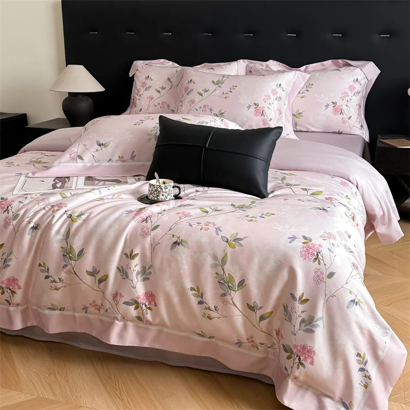 600TC Lyocell Cotton Soft Breathable Flowers Print Bedding Set