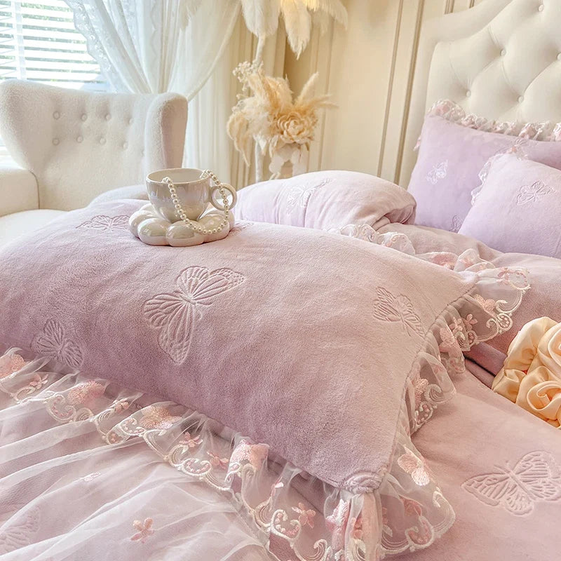 Butterfly Embroidery Lace Ruffles Carved Velvet Winter Thickened Bedding Set