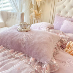 Butterfly Embroidery Lace Ruffles Carved Velvet Winter Thickened Bedding Set