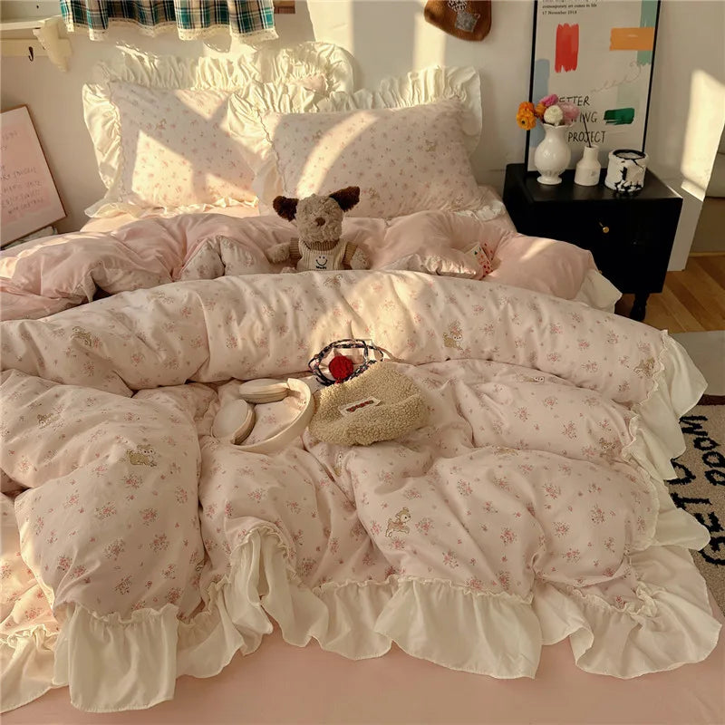 3/4Pcs Korean Princess Style Floral Ruffles Bedding Set