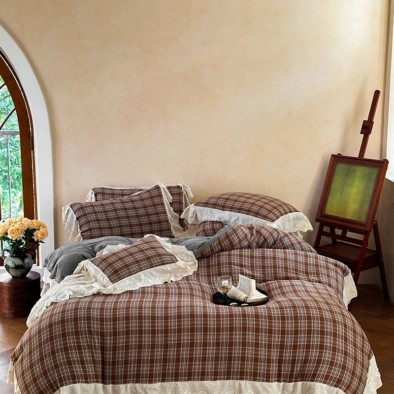 Vintage Plaid Flowers Lace Ruffles Bedding Set