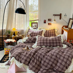 3/4Pcs Grid Stripes Ruffles Bedding Set
