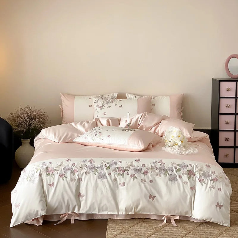 Luxury Flowers Embroidery Lace-Up Princess Wedding Bedding Set