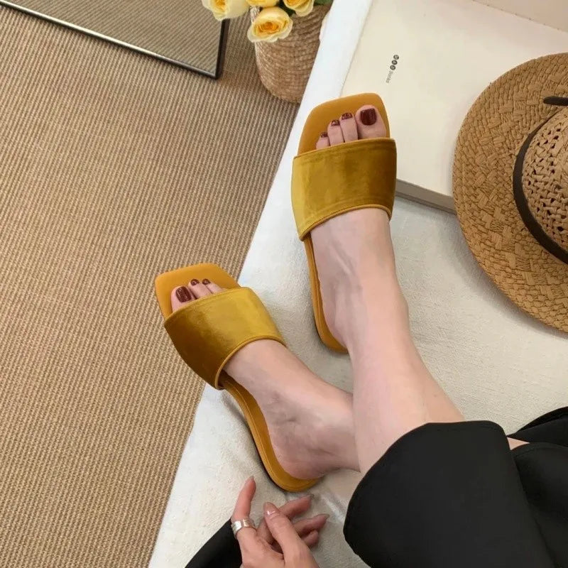 Vintage Velvet Square Toe Women Flats Slippers Concise Lightweight Slip On Slides Outdoor Daily Walking Vacation Dress Shoes