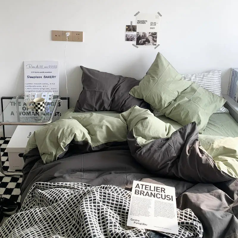 Solid Duvet Cover Set with Sheet Pillowcases Korean Comforter Cover Bed Linen Twin Full Queen Size Grid Home Bedding Set