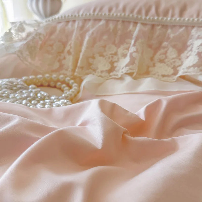100% Cotton French Princess Bedding Set, Ruffle Bed Skirt Duvet Cover Set with Faux Pearl Lace Trim, Queen King Size Bed Linen