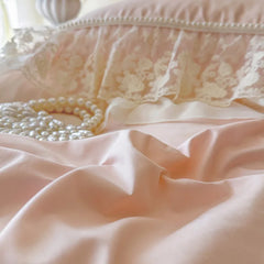 100% Cotton French Princess Bedding Set, Ruffle Bed Skirt Duvet Cover Set with Faux Pearl Lace Trim, Queen King Size Bed Linen