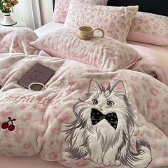 Pink Leopard Print Cute Cat Embroidery Velvet Warm Winter Bedding Set