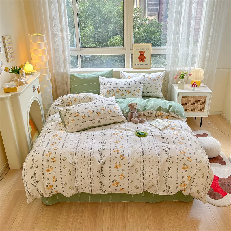 Spring 100% Cotton Duvet Cover Set Fashion Floral Printed Queen Bedding Set