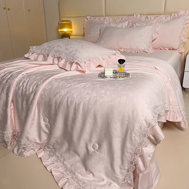 Lotus Hem Tencel Summer Quilt Chic Jacquard Cream Design Silky Smooth Summer Quilt Cool Sheets for Hot Sleepers Pillowcases 4Pcs