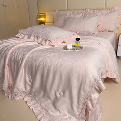 Lotus Hem Tencel Summer Quilt Chic Jacquard Cream Design Silky Smooth Summer Quilt Cool Sheets for Hot Sleepers Pillowcases 4Pcs