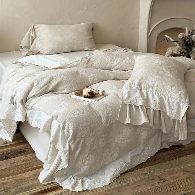Vintage French Double Layer Lace Ruffles Linen Cotton Jacquard Bedding Set