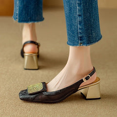 Square Head Cowhide Breathable Mesh Metal Jewelry High Heel