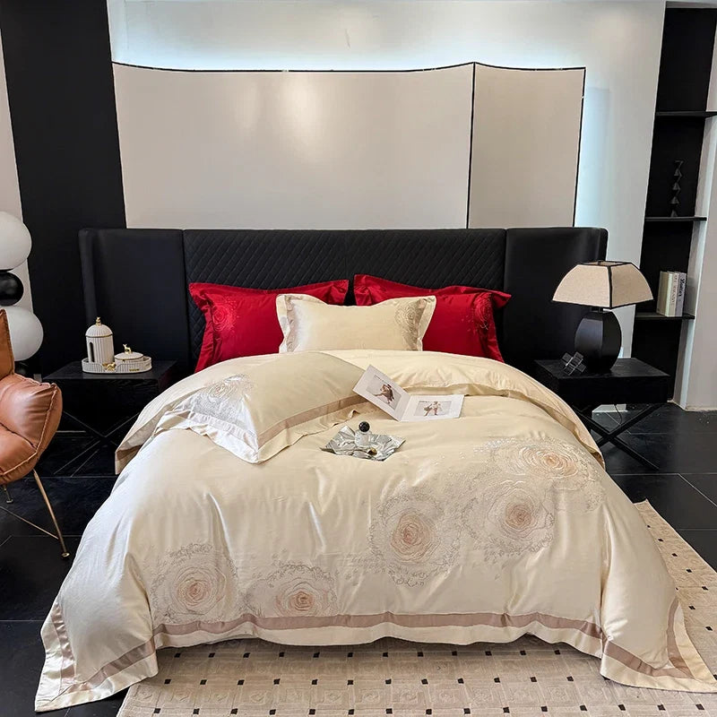 Luxury Rose Flowers Embroidery 1000TC Egyptian Cotton Premium Bedding Set