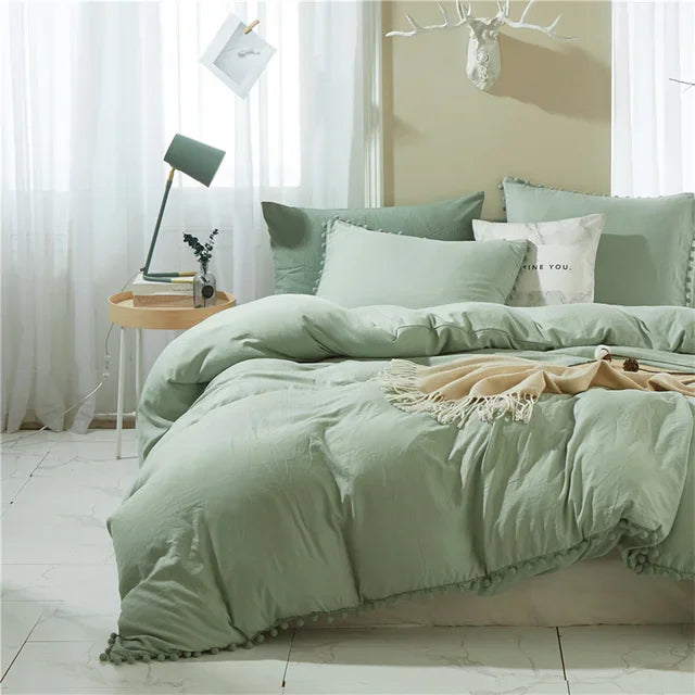 Twin Queen Size Solid Color Duvet Cover Set Pom Tassel Soft Microfiber Bedding Set