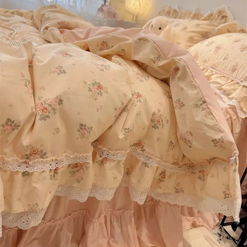3/4Pcs Korean Princess Style Floral Lace Ruffle 100% Cotton Bedding Set