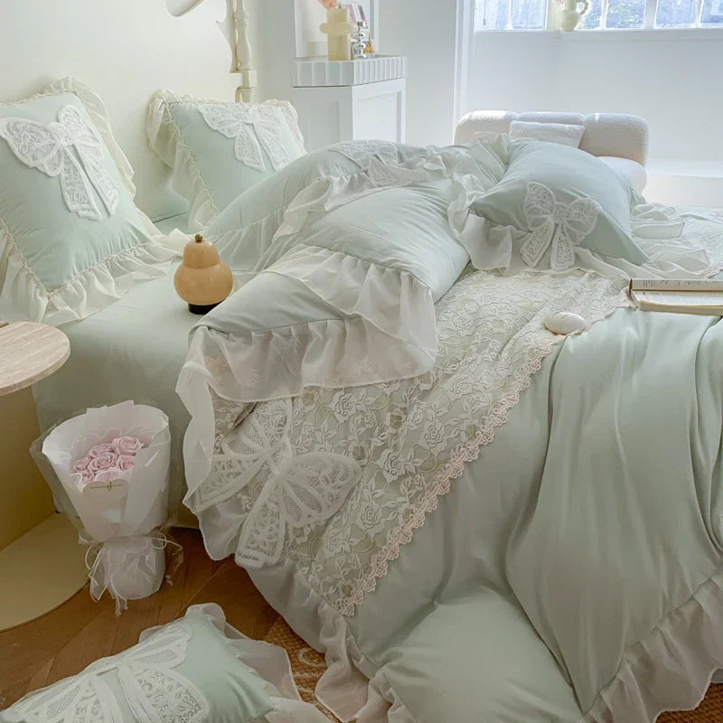 3/4Pcs Korean Princess-Style Bow Lace Ruffle Green Bedding Set