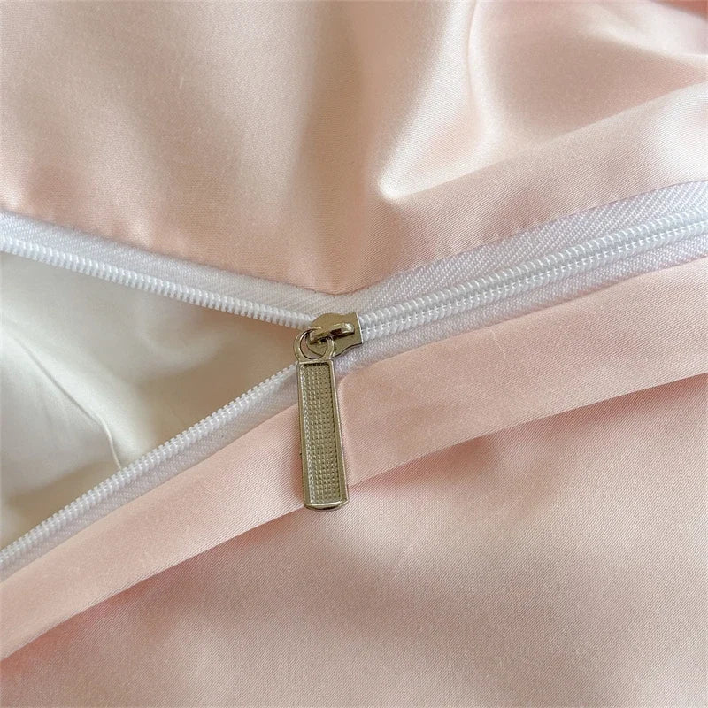 Pink Flowers Embroidery Ruffles Princess Wedding Bedding Set