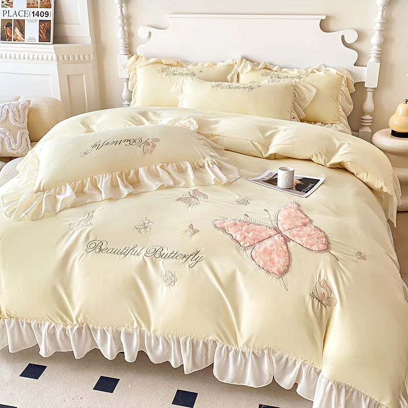 3/4Pcs Korean Princess Style Washed Cotton Three-Dimensional Embroidered Butterfly Queen Size Bedding Set