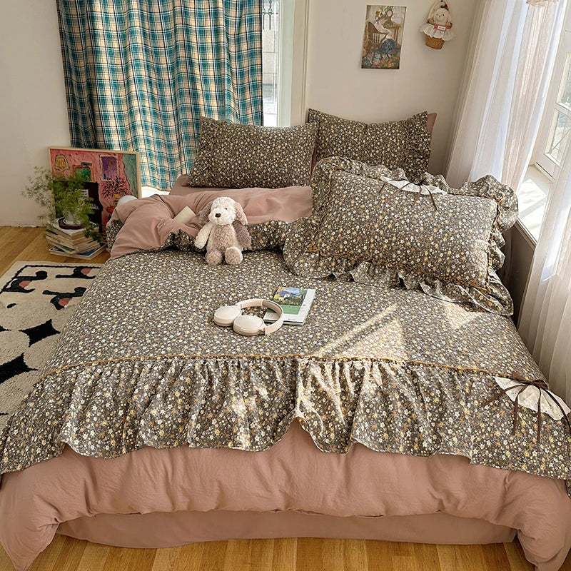 3/4Pcs Korean Princess Style Bow Ruffles Bedding Set