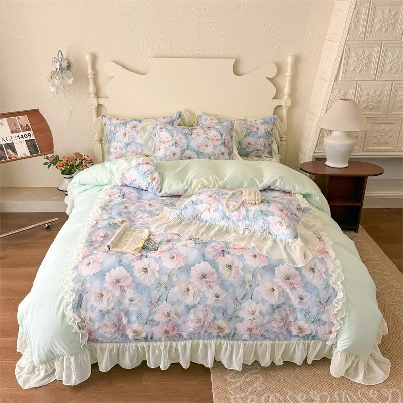 3/4Pcs French Princess Style Pink Luxury Duvet Cover Set Double Bedding Bedroom With Elastic Band Bed Linen Ruffle Pillowcase