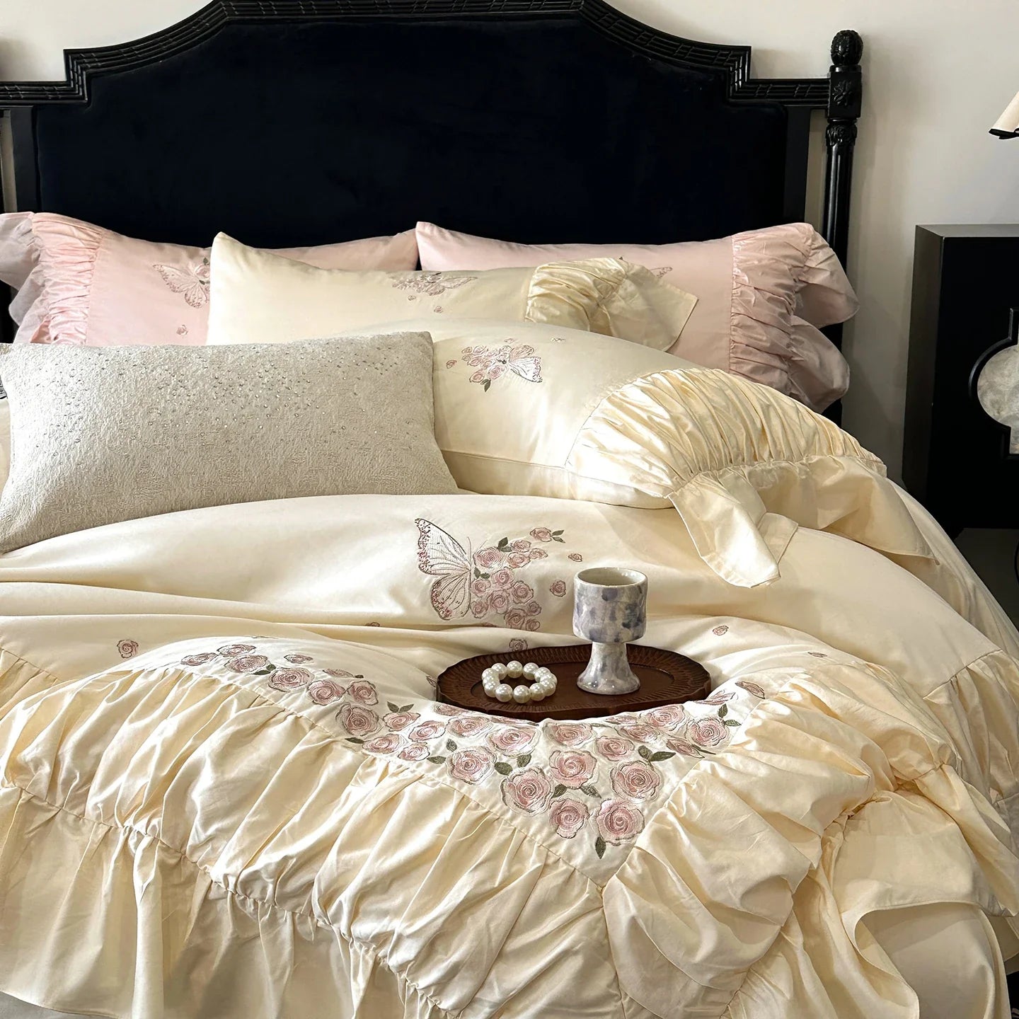 Luxury Rose Butterfly Embroidery Ruffles Princess Bedding Set